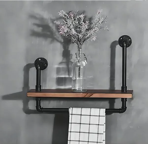 Wall Mounted Pipe Shelving with Wood Rustic Black Pipe Floating Shelves for Bathroom with Towel Holder and Detachable Hooks