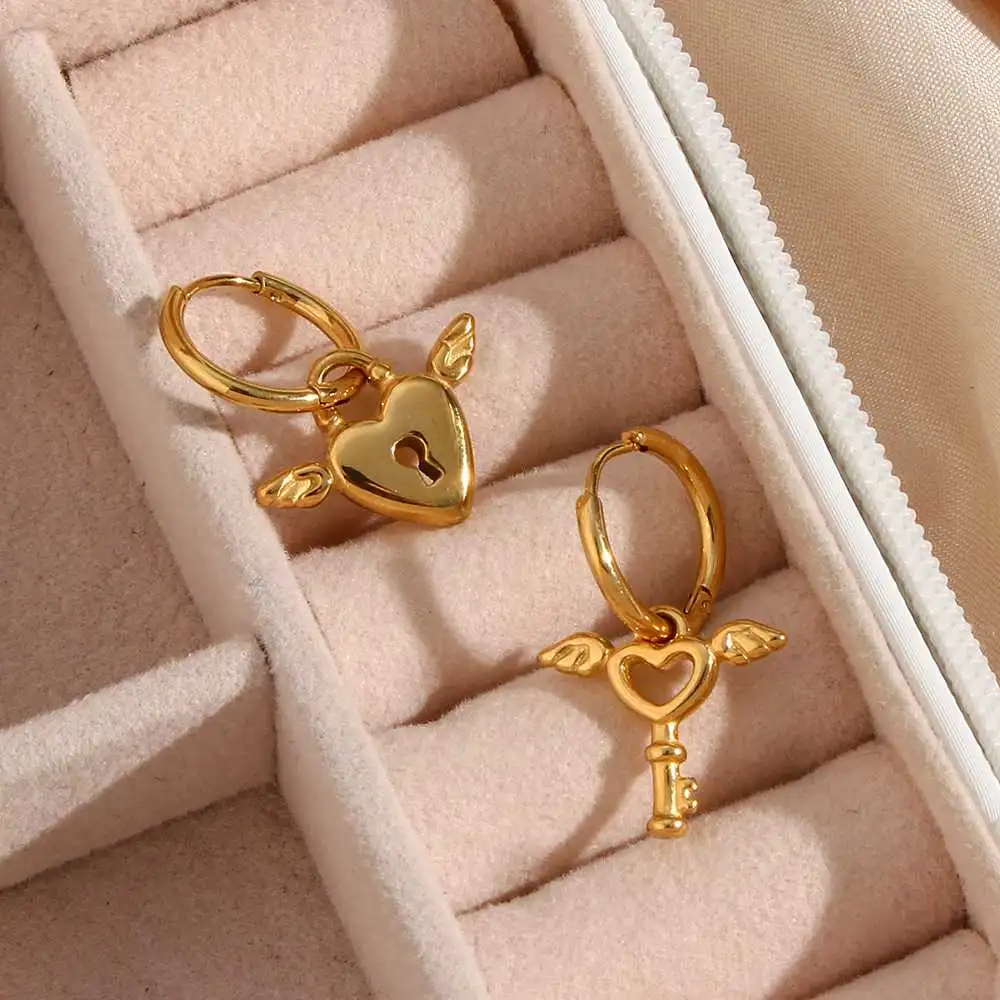 2023 Fashion New Angel Wings Love Key Stainless Steel Vacuum Plating Earrings