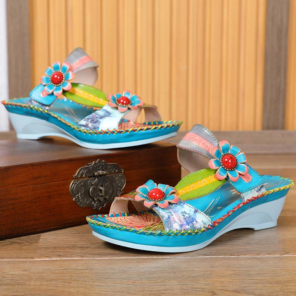 Lady Bohemian Leather Flower Maximalist Gypsy Style 70s Vintage Outdoor Beach Sandals Women Holiday Slippers