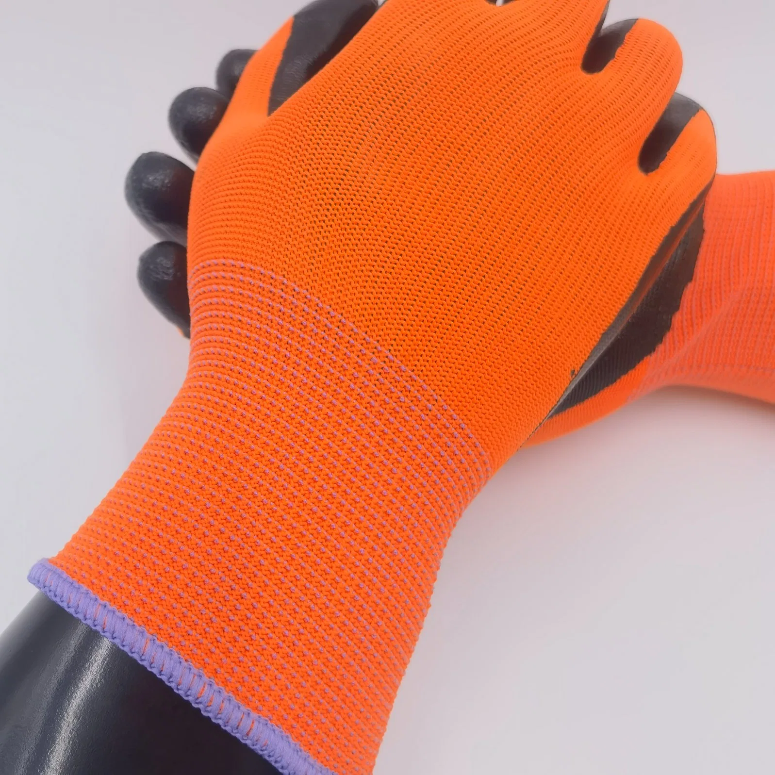 El trabajo de Nylon 13 meden Guantes de nitrilo de poliéster de color naranja con recubrimiento de nitrilo Shell Guantes de trabajo con el logotipo de impresión