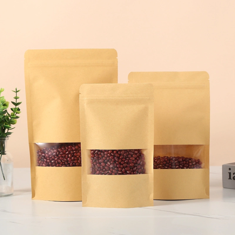 Doypack Ziplock Brown White Kraft Craft Paper Standing up Pouches Food Packaging Zipper Bags with Window