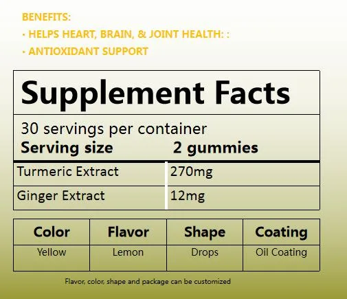 Sugar Free Gelatin Turmeric Gummy Natural Anti-Inflammatory Antioxidant Supplement for Joint Health