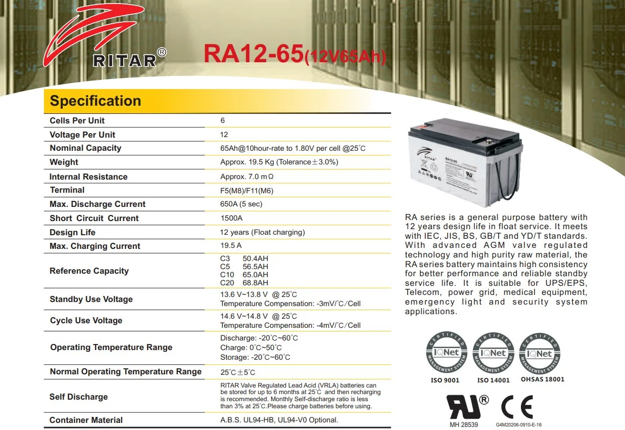 Ritar Copex Ra12-65 DC12-65 12V65ah свинцово-кислотные AGM аккумулятор для ИБП системы