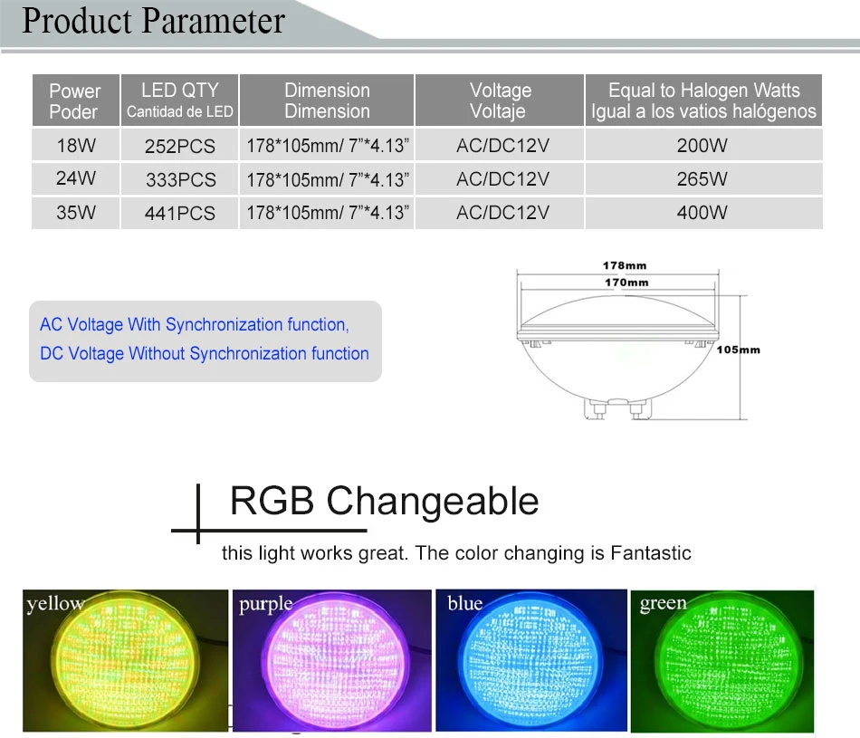 Pi68 luzes RGB exterior em aço inoxidável boa dissipação de calor Protecção anticorrosão PAR56 Underwater exterior da retaguarda