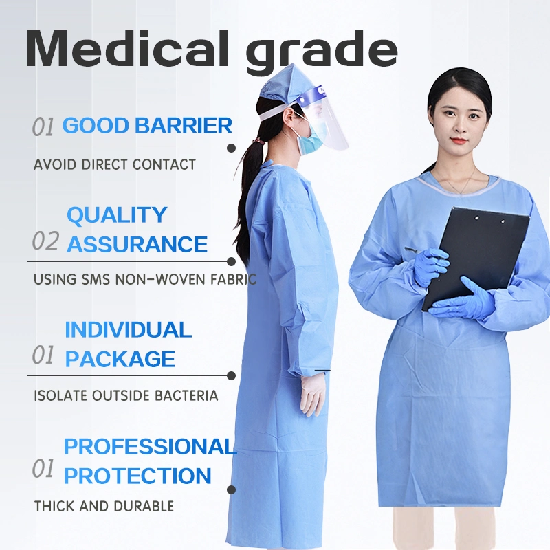 CE Factory Wholesale/Supplier Adult Blue 45GSM Disposable Medical Isolation Clothing SMS Fabric Surgical Gown