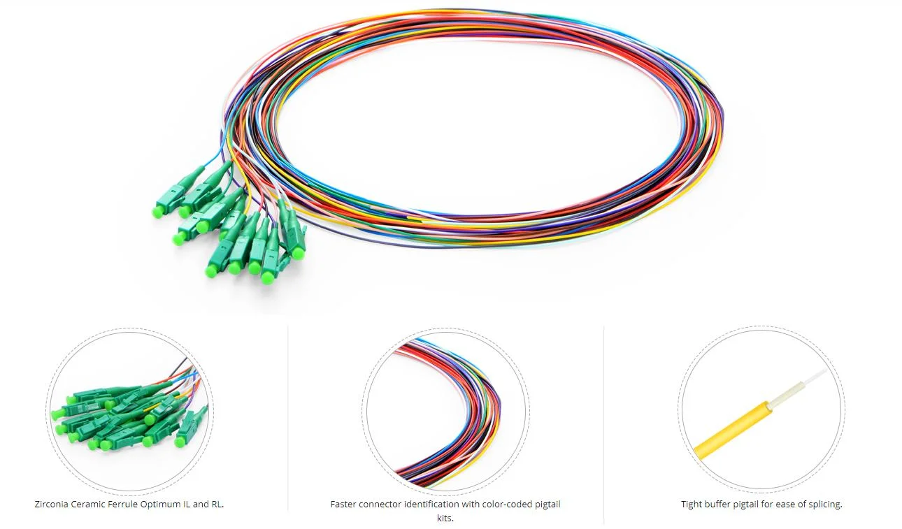 LC APC Upc 12 Cord Multimode/Single Mode Fibers Unjacketed Color-Coded Pigtail for Computer Fiber Networks