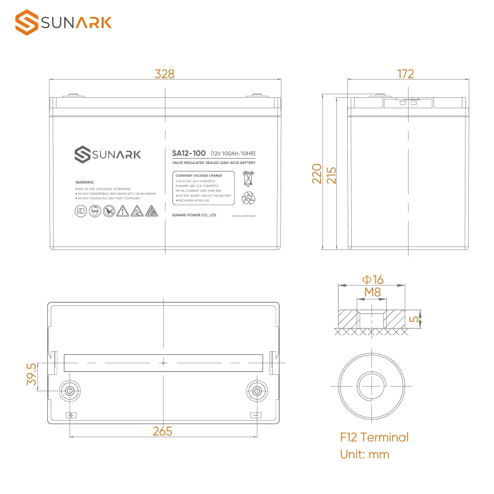 Sunark alimentación 12 V 100AH AGM Valve Regulated Batería de plomo ácido para UPS