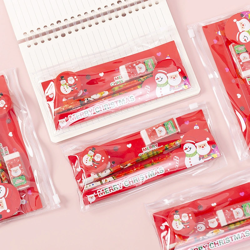 Christmas Stationery Set Pencil Eraser Sharpener Ruler Pull Side Bag Student Stationery