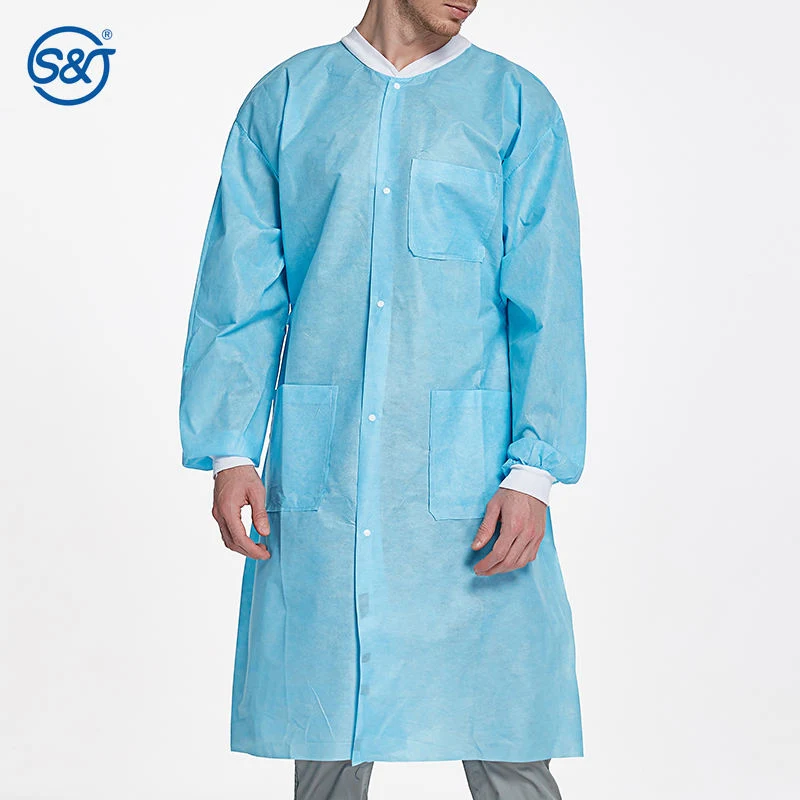 SJ Disposable Clothing Blue Pink SMS Breathable Fluid Resistant Lab Coat with Pockets Knitted Collar and Cuffs