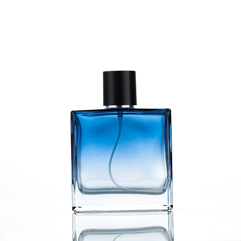 50ml Blue Square Perfume Bottle Crimp Cosmetic Glass 100ml Fragrance Spray Bottle with Black Lids