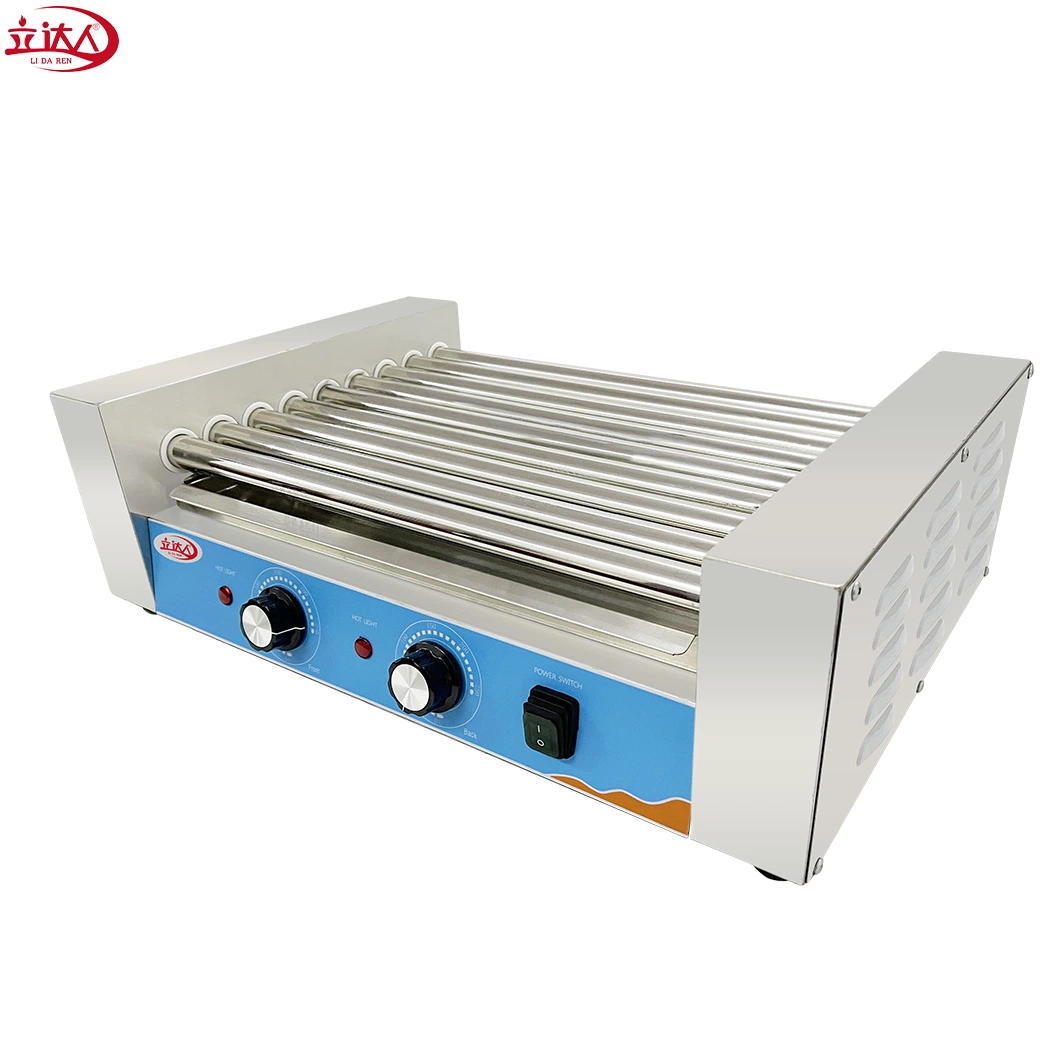 Lida a China fabricante comercial de Preço 9 Roller Grill Hot Dog Aquecedor de salsicha máquina de laminação a quente Industrial Dog Grill do Rolete