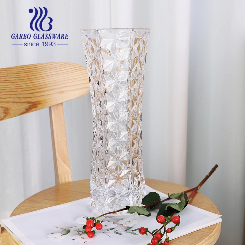 Home Table Decoration Simple Design Glass Vase with Square Engraved Embossing Pattern Flower Glass Holder for Daily Use