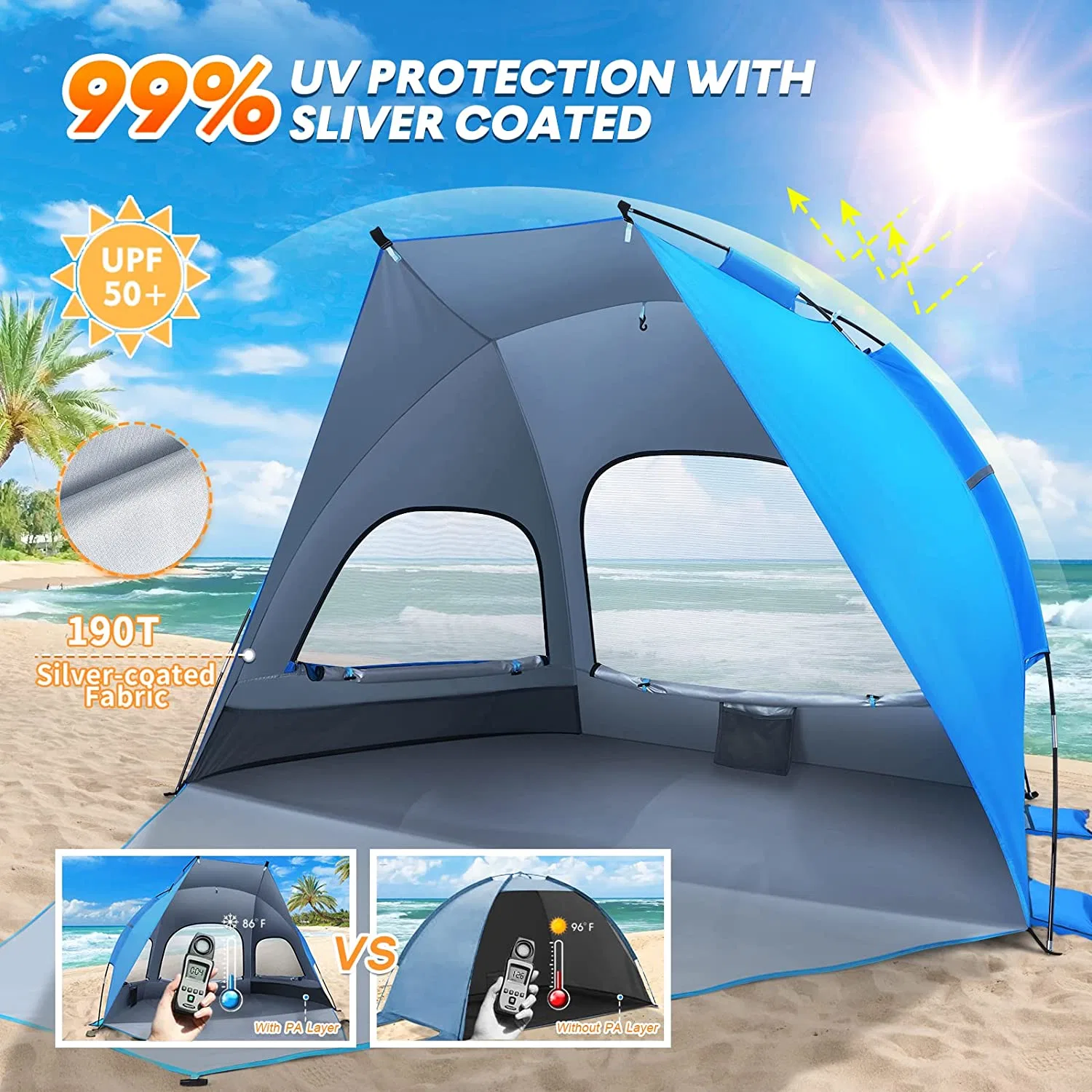 Playa Tent Sun Shade Shelter 3-4 personas Gran Anti-UV a prueba de viento Carpa ligera portátil