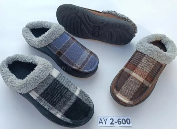 Factory Design Fashion Plaid Plush Men Durable Winter Warm House Indoor Shoes