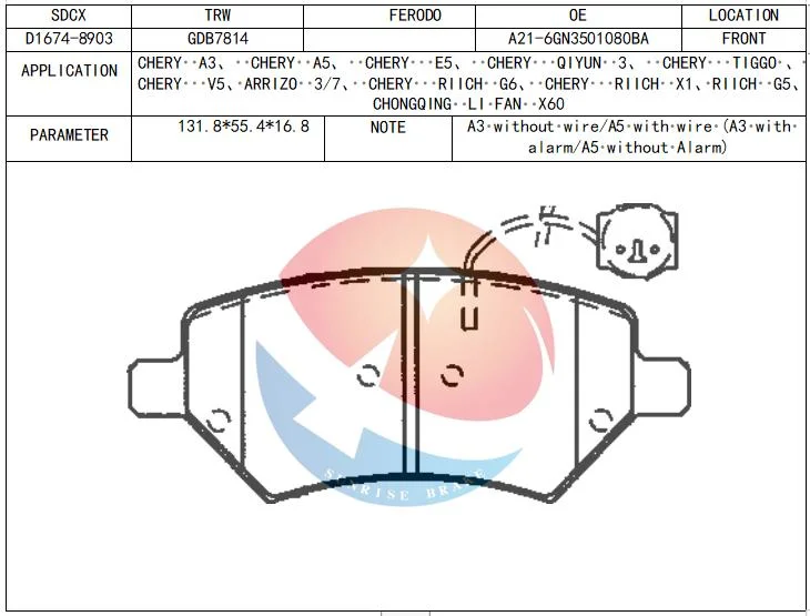 Sdcx D1674-8903/Gdb7909 Quite Long Life Rave Reviews Brake Pad for Chery Arrizo/Cowin3/Qiyun