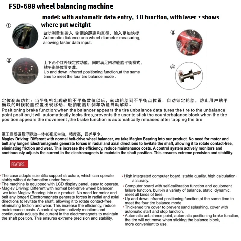 FSD-688 con entrada automática de datos, función 3 D, con láser + muestra dónde poner máquina de equilibrado de ruedas de peso