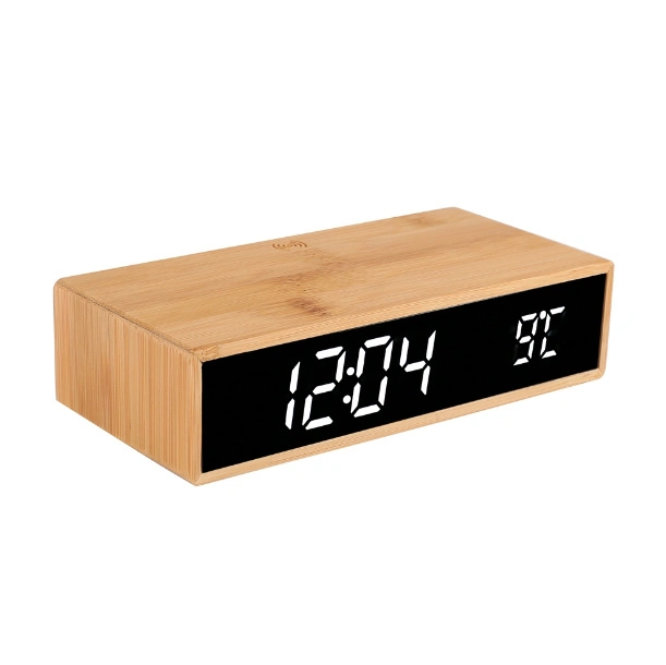 New Creative Multifunctional Digital LED Eco-Friendly Bamboo Alarm Clock with 15W Fast Charging Wireless Charger