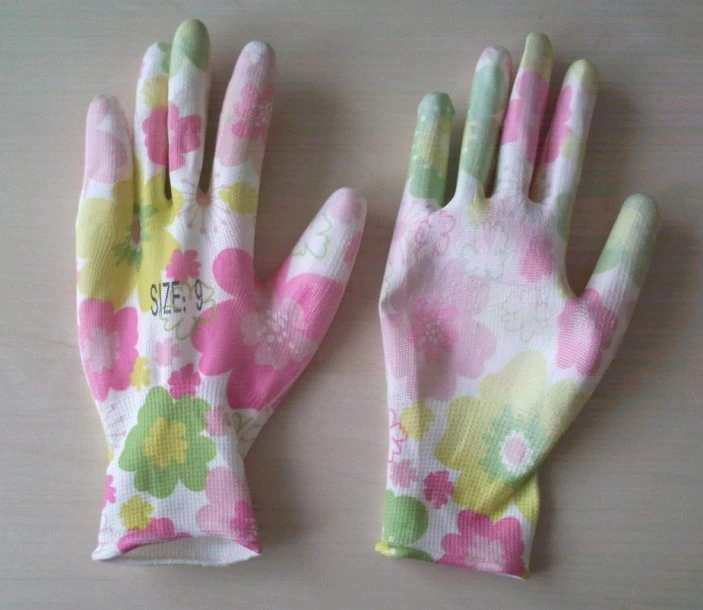 Customized Flower Print 13gauge Knitted PU Coated Gardening Work Gloves