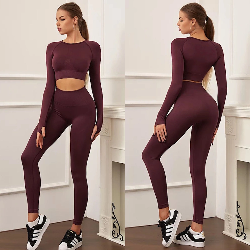 Newest Spring/Autumn Ladies 2 Piece Seamless Jogger Clothing Sports Apparel for Women, Custom Knitting Long Sleeve Top with Gym Leggings Yoga Leisure Tracksuit