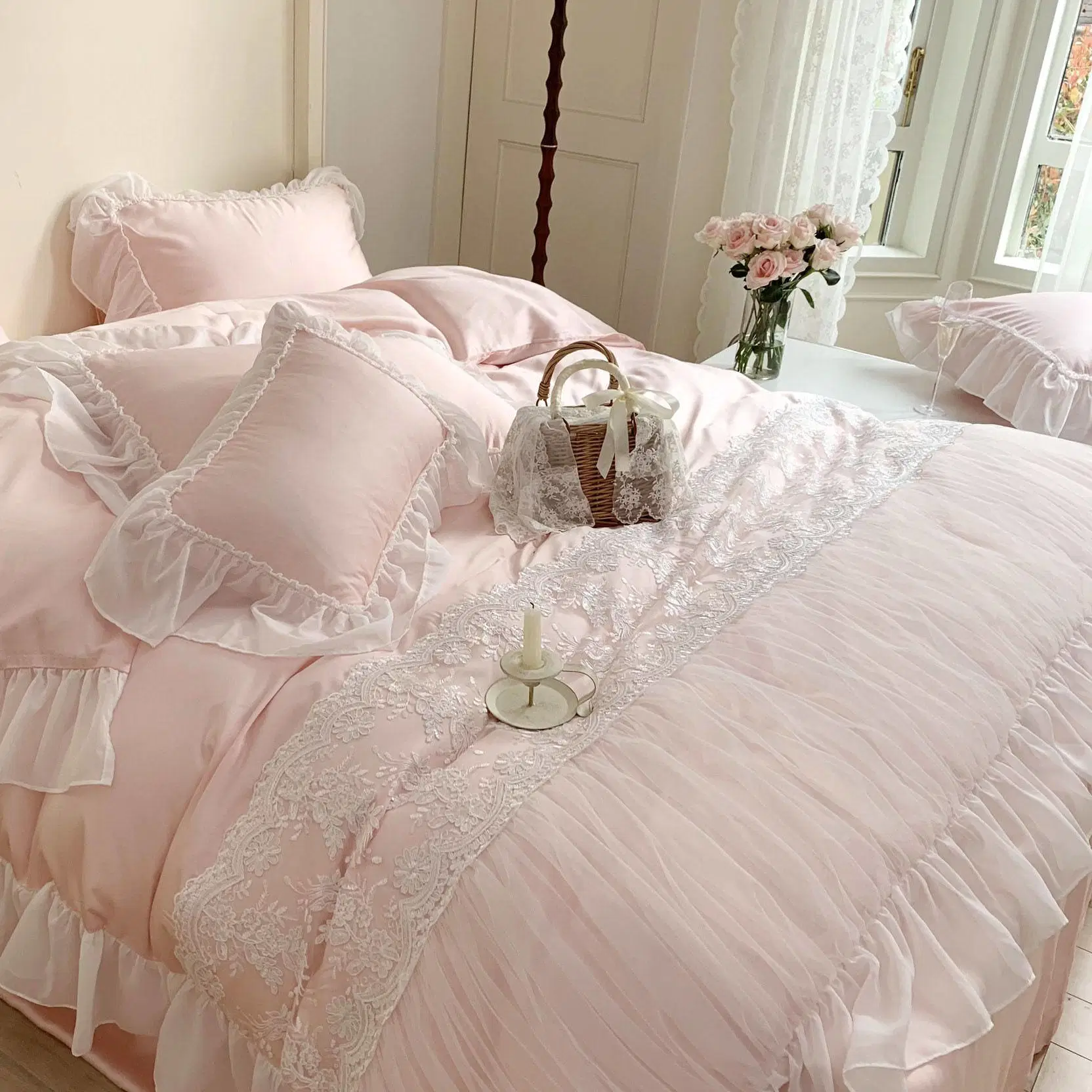 Beauté frais filles lit Queen Size draps luxueux en fibre de lyocell Parure de lit rose en dentelle