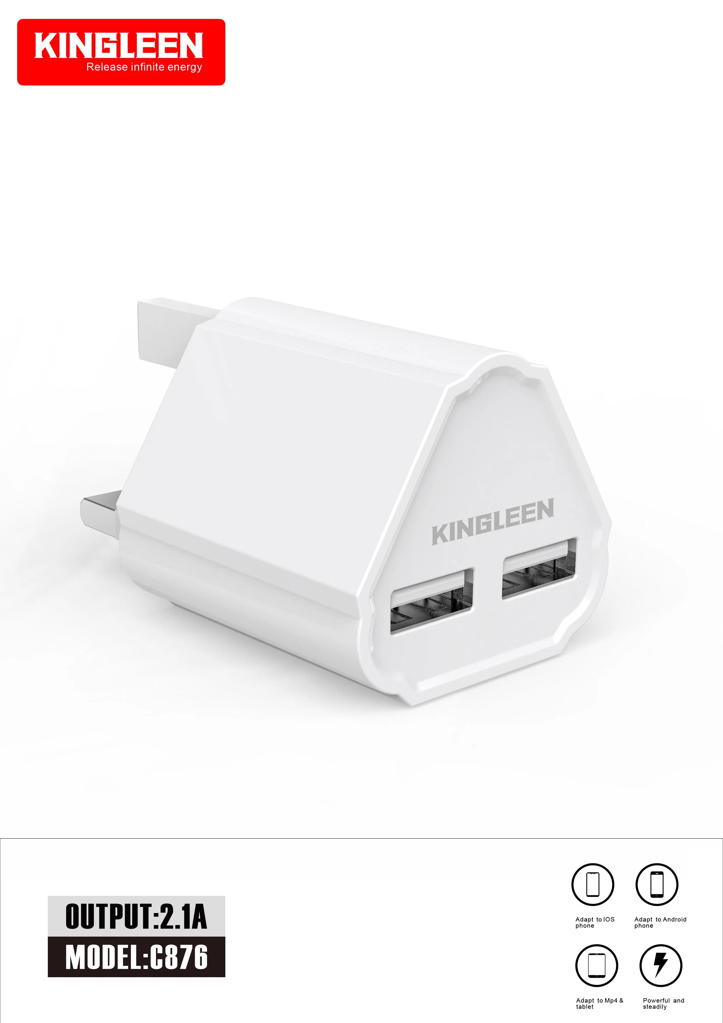 UK-Stecker 2,1A Dual Port USB Wandladegerät Universal Power Adapter Vollständig Kompatibel