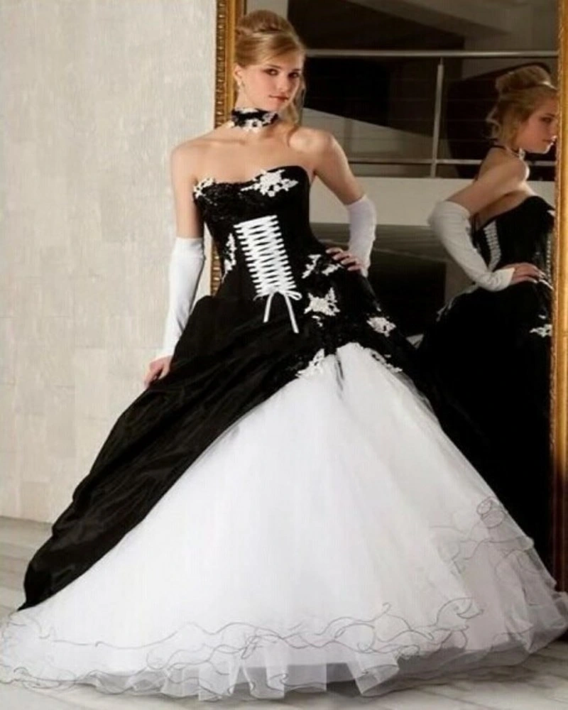 Wedding Dress Gothic Strapless White Black Bridal Ball Gown Quinceanera Dress D10