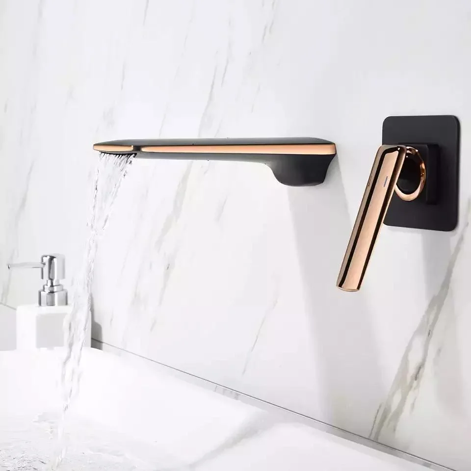 Wandhalterung Badezimmer Waschbecken Wasserhahn Schwarz + Rose Gold Becken Wasserhahn Einzelgriff mit Einwegventil Einzelgriff