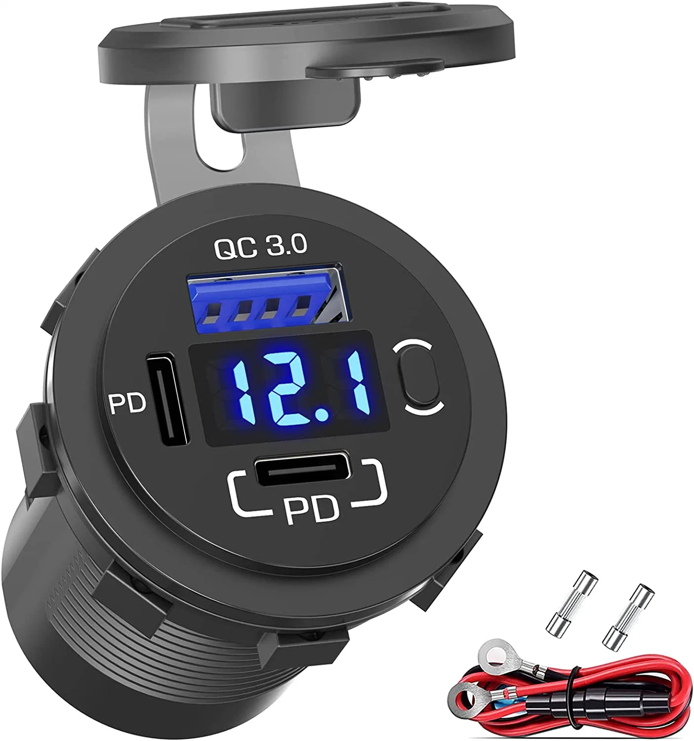 2V USB Outlet Qidoe USB C Car Charger Socket Dual 12V USB-C Pd 20W & 18W QC3.0 USB Car Port with Voltmeter Button Switch Lengthened Waterproof USB Outlet for Ca