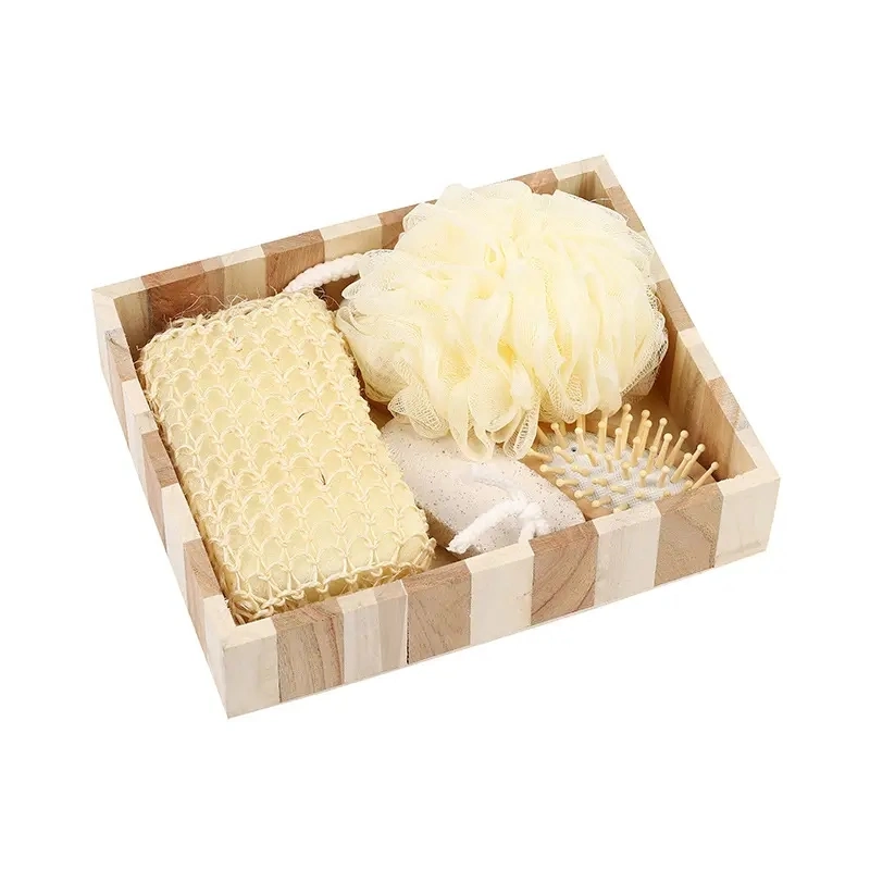 Natural Wood Bath Body Care Gift SPA Kit Facial Brush Konjac Sponge Foot Nail Sisal Bath Glove Belt Set Shower Scrubber Brush