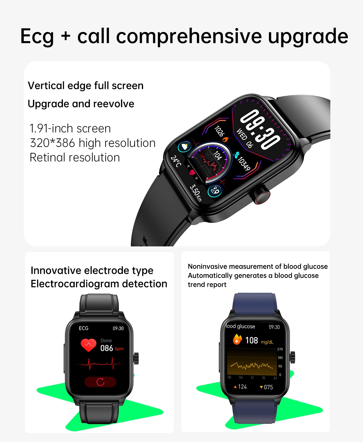 BT Call 1.91بوصة ECG Smart Watch Blood Glucose Temperature Blood ساعة SmartWatch بالأكسجين