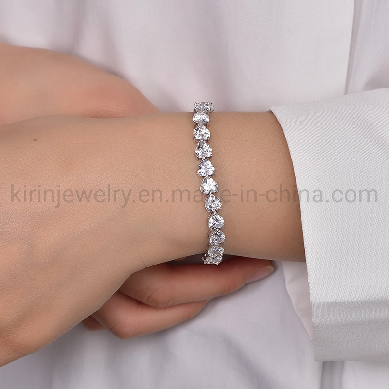 Custom 925 Joyería de Plata Pulsera de corazón de cristal de lujo de CZ Corazón encanto Pulsera de Puño ajustable de la mujer pulseras de Diamante de cristal