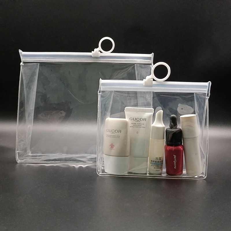 Venta caliente impermeable de plástico de la bolsa de cosméticos pequeñas con cremallera cremallera claras muestras de cosméticos bolsa de embalaje con extractor de redonda blanca