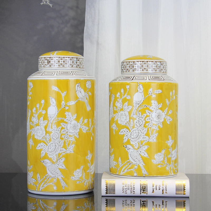 J250 Good Quality European Style Ceramic Cylinder Flower Vase Yellow Porcelain Jar Sets with Lid