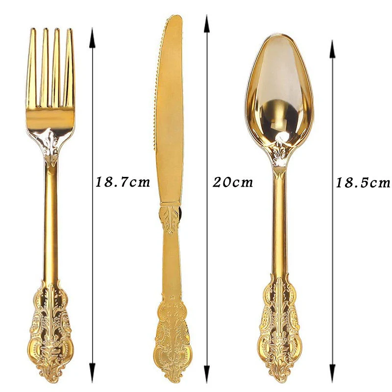 Gold Plastic Silverware Carved Cutlery Set Embossed Silver Vintage Design Disposable Rose Gold Elegant Cutlery