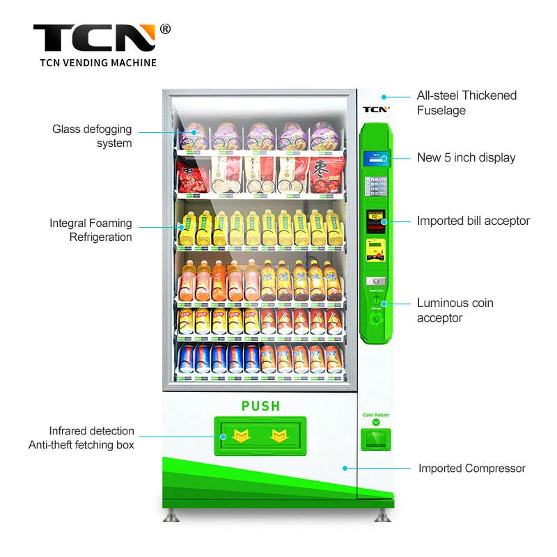 Máquina expendedora automática de bebidas y snacks con sistema de refrigeración