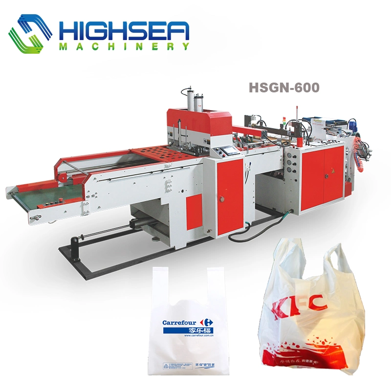 Fully Automatic 2 Lines Producing Plastic T Shirt Vest Bottom Hot Sealing Hot Cutting Carry Bag Making Machine with EPC Device