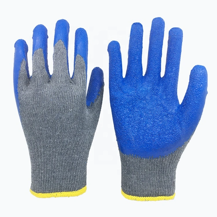 Blue Latex Grey Cotton Yarn Crinkle Finished Latex Coated Cotton Wrinkle Gloves