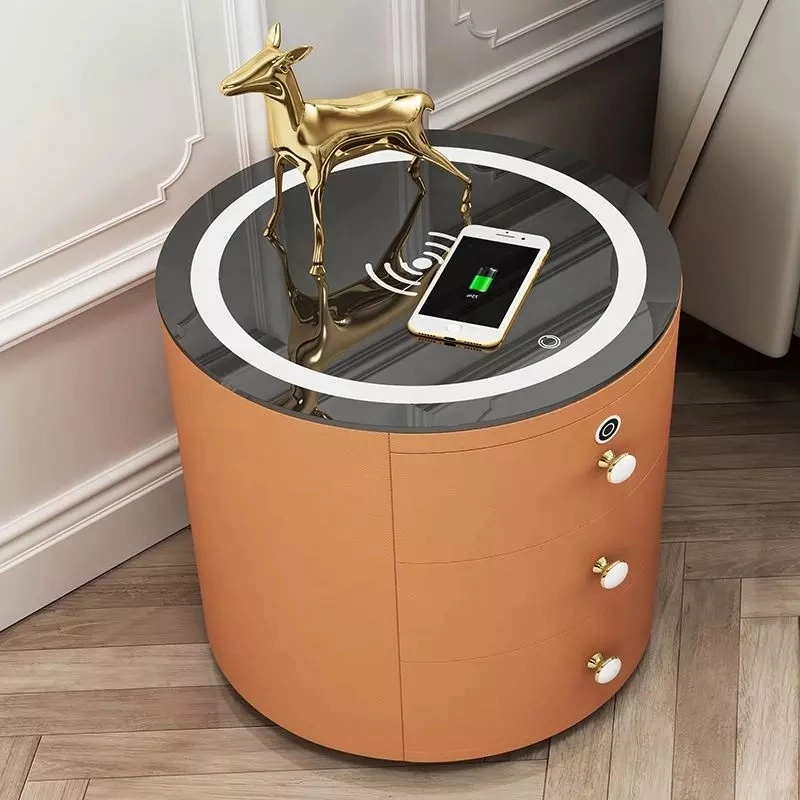 New Round Design Smart Bedroom Nightstands Touch LED Lights Modern Smart Leather Finish Bedside Table