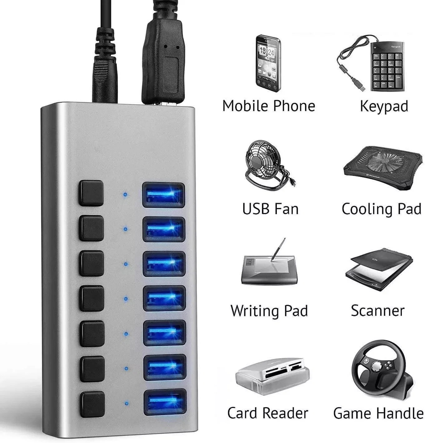 High Speed Power Adapter Support Data Transfer and Charging 36W 12V 3A 7 Port USB 3.0 Hub with Switches for PC Laptop