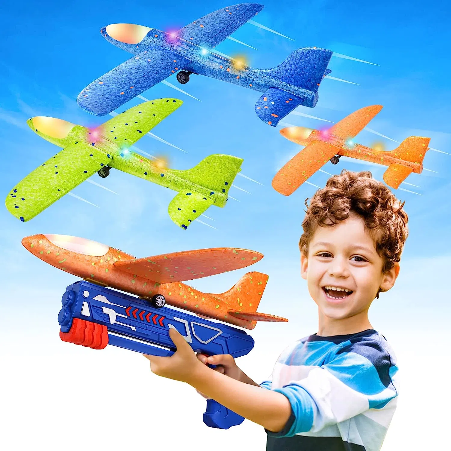 2 Pack avión lanzador Juguetes 2 modos de vuelo planeador de espuma de LED plano de la catapulta de disparo de pistola Kids deporte al aire libre volando juguetes para niños