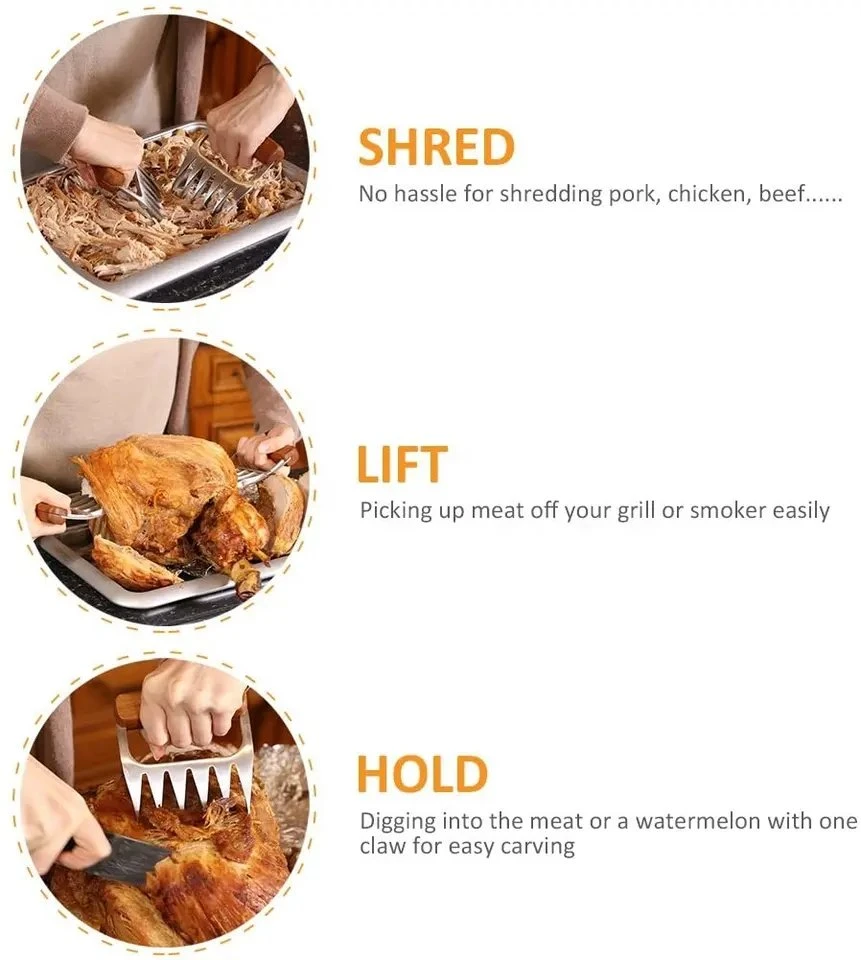 Stainless Steel Wooden Handle Meat Claws 18/8 Metal Claw Meat, Meat Fork