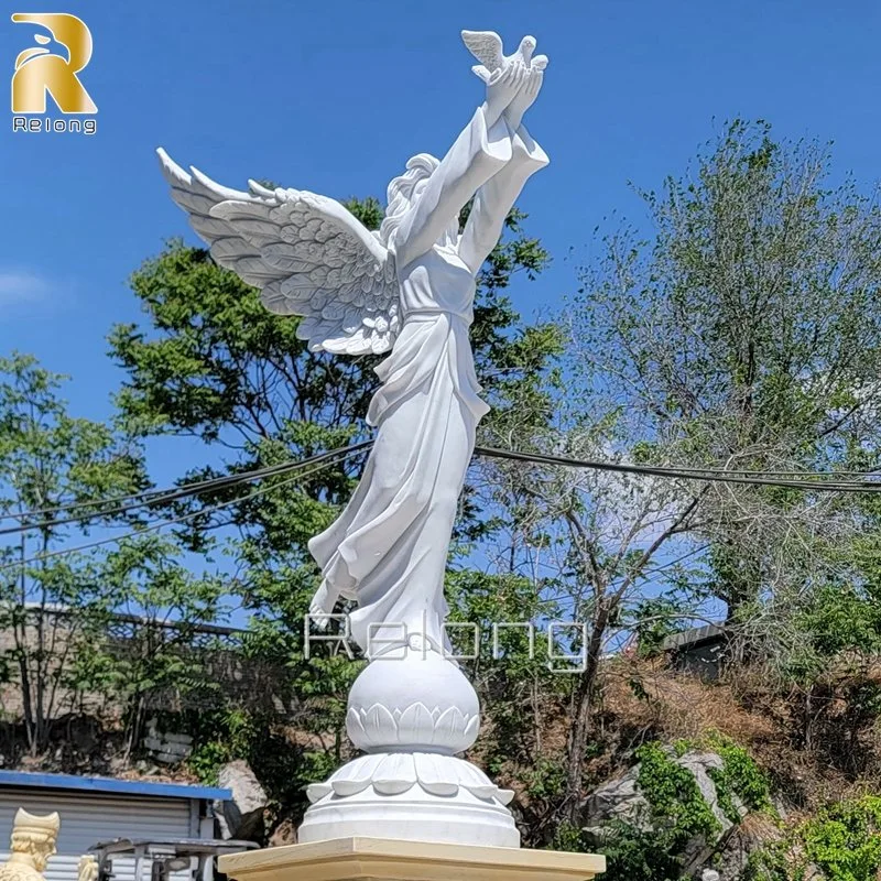 Life Size Pure White Marble Angel of Peace Holding Dove Statue