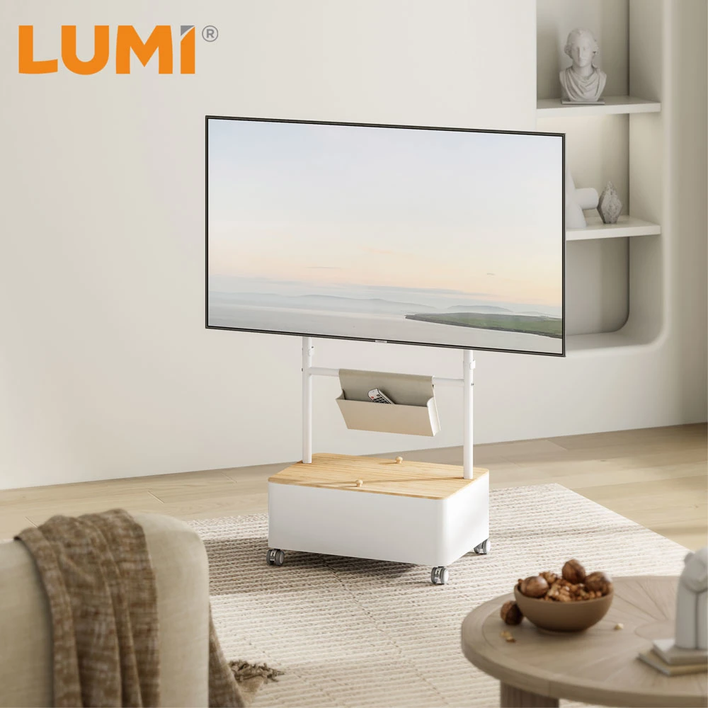 LUMI Easel Studio Minimalist TV Floor Stand with Wheels - Mobile Rolling Stand with Storage Box & Pouch - OEM/ODM