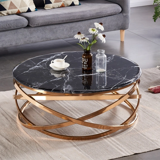 Black Marble Glass Modern Luxury Coffee Tables Gold Stainless Steel Round Living Room Tables