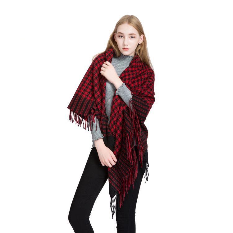 High-Quality Red and Black Double-Sided Plaid Winter Soft Women Wool Scarf Shawl