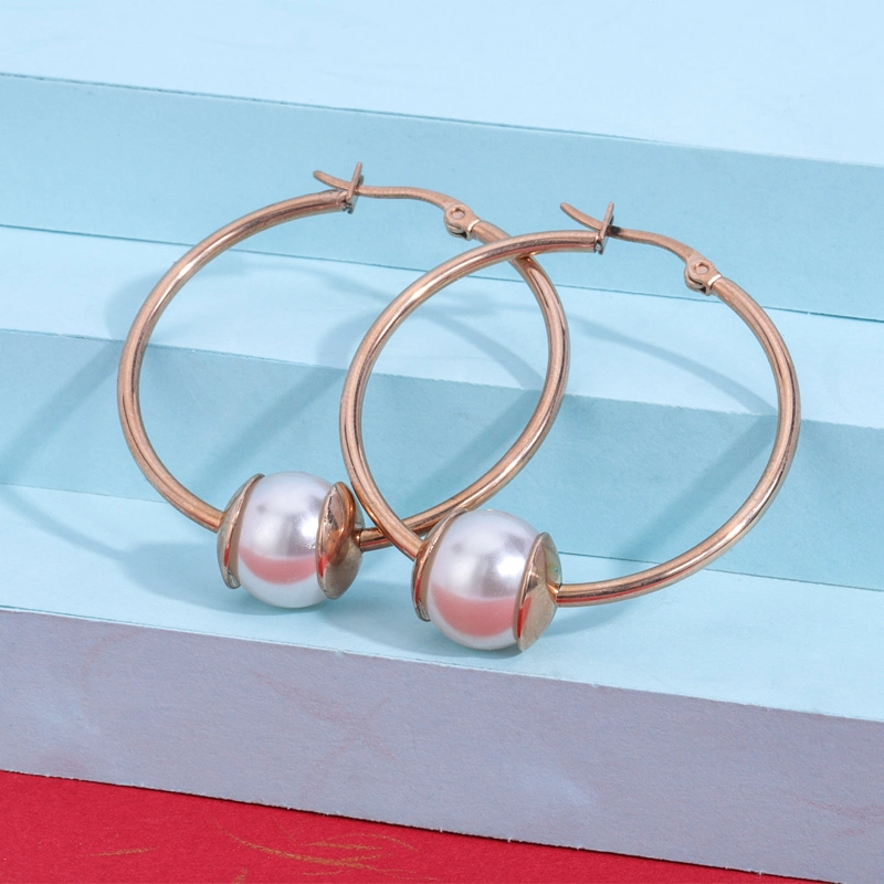 El temperamento de la moda de joyería de acero inoxidable círculo redondo Pearl Hoop Earrings geométrica simple gran Hoop Earrings Mujeres