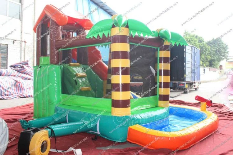 Monkey Themed tobogán acuático con piscina en la Selva Casa Salto Gorila inflables inflables de PVC del Lago Mono de rebote combinado de diapositivas de la casa