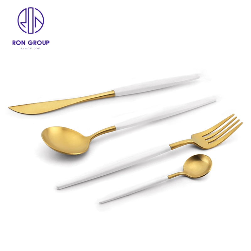 Western Restaurant Hotel Kitchen Silverware Knife Spoon Fork Solid White Handle with Gold Flatware Stainless Steel Cutlery