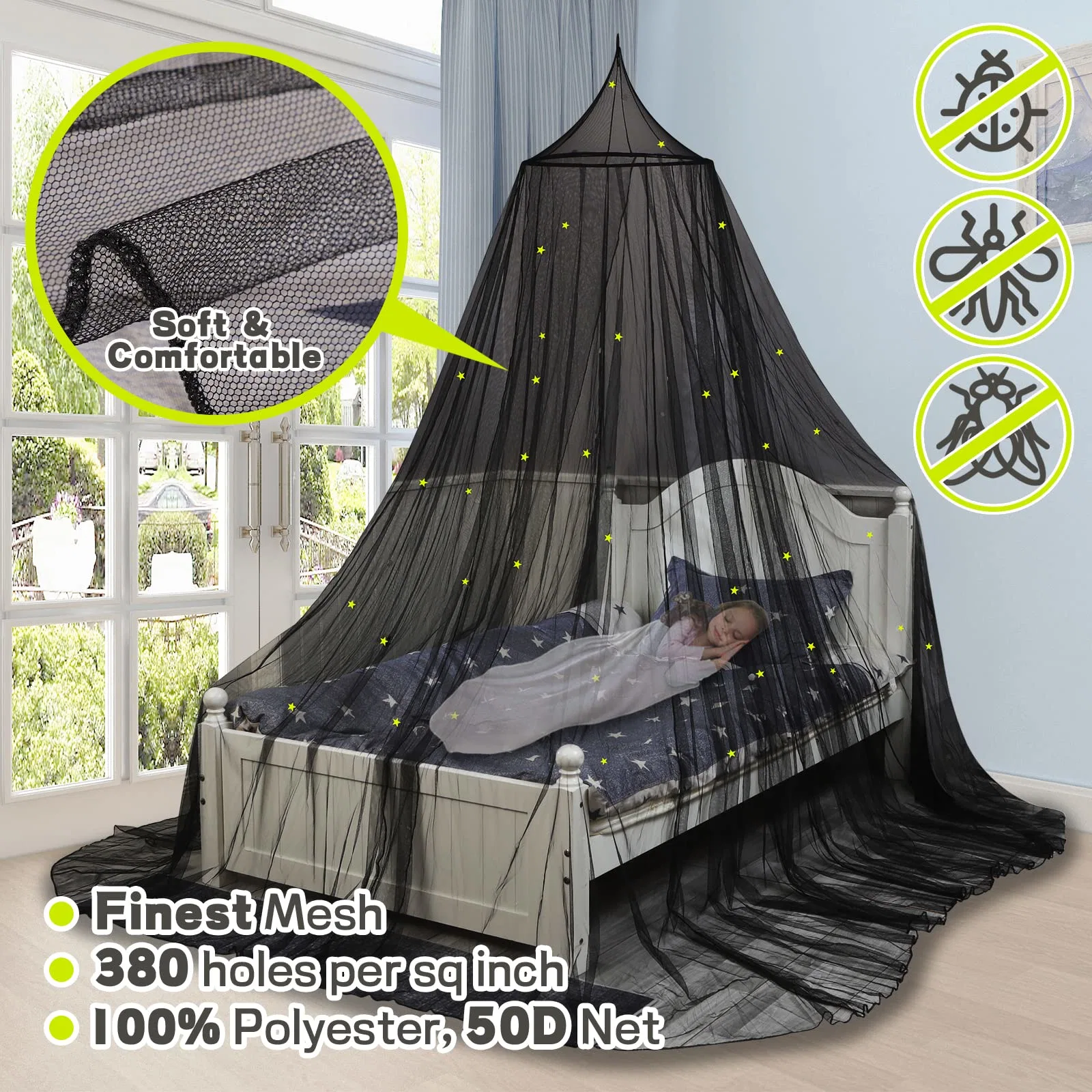 Glowing Stars Bed Canopy Meninas Bege Cortinas de Cama Princesa Mosquiteiro