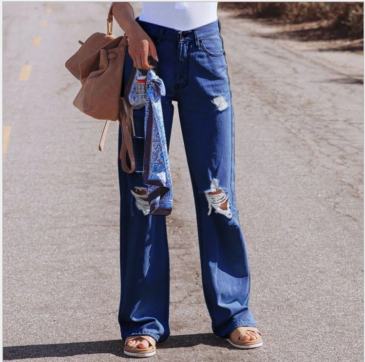 New Style Fashion Washed Ripped Jeans Women's High-Waist Loose Jeans